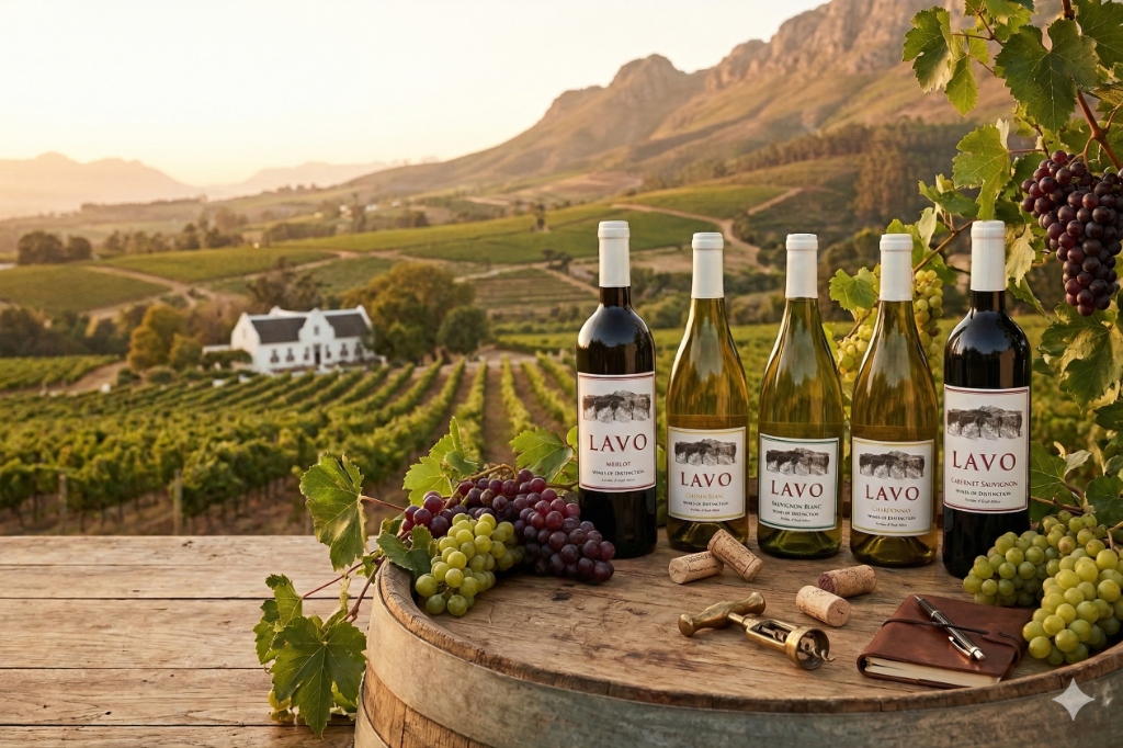 Lavo wines on a barrel overlooking the Cape Winelands at sunset